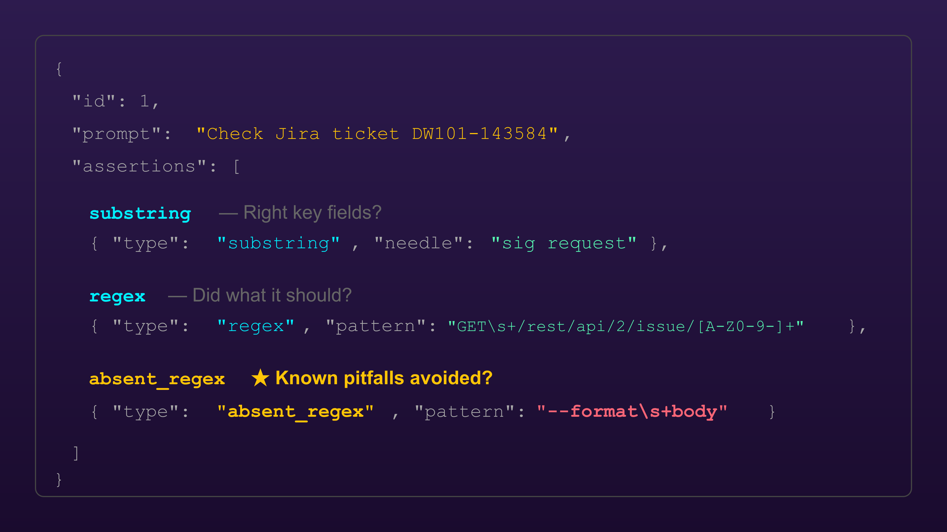 A concrete evals.json example for sap-jira: three assertion types applied to a real eval case